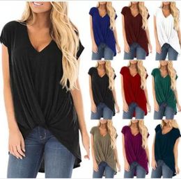 T-Shirt Women Clothes Twist Knot Tops Summer Casual Blouses Slim Short Sleeve V Neck Tees Fashion Solid Loose Blusas Costume Vestidos B4768