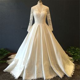 Vintage White Lace A Line Wedding Dresses Sheer Neck Long Sleeves Wedding Gowns Court Train Hollow Back Wedding Dresses