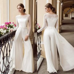 Cheap Designer Bohemian Jumpsuit Lace Wedding Dresses Bateau Neck Long Sleeves Beach Bridal Gowns Floor Length Chiffon Vestido De Novia 407