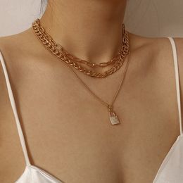 Fashion luxury multi layer chain sparkling diamond lock pendant vintage choker statement designer necklace for women girls
