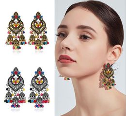 Vintage Bohemian Dangle Earrings Zinc Alloy Antique Gold Tassel Ceramic Beads Connect Bell Earings Exaggerated Ear Jewelry Wholesale