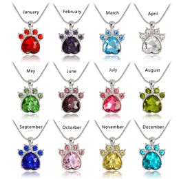 Pet Dog Cat Paw Print Gemstone Pendant Necklace Birthday Keepsake Gift for Woman Girls