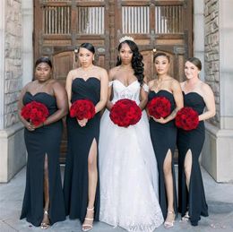 Black Mermaid Bridesmaid Dresses Plus Size African Long Wedding Guest Prom Dress Sweetheart Sexy High Split Satin Maid Of Honour Gown