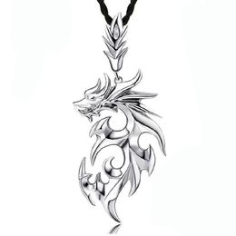 Pretty Necklaces Pendants White Gold Plated Stainless Steel Dragon Pendant Men Necklace With Leather Chain Stainless Steel Necklaces