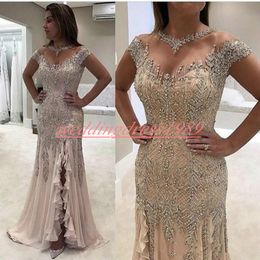 Luxurious Beaded Crystal Split Evening Dresses Mermaid Chiffon Plus Size Sheer Prom Dresses Gown Party Pageant Occasion Robe De Soiree