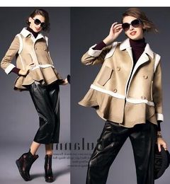 New design women's turn down collar faux suede leather plus velvet lamb fur liner bottom ruffles slim waist peplum top coat casacos