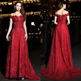 Amazing Red Beaded Lace Evening Dresses Off The Shoulder Prom Gown Sequined A Line Sweep Train Formal Dress
