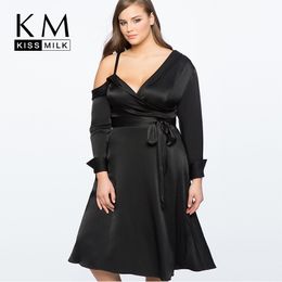 Kissmilk Plus Size A-line Sling Off Shoulder Clavicle with Satin Large Size Long Sleeve Dress