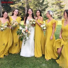Yellow Bridesmaid Dresses A Line Chiffon Sexy Backless 2022 Straps V Neck Short Cap Sleeves Maid of Honour Gown Beach Wedding Guest Wear
