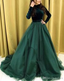 Muslim Dark Green Long Sleeve A Line Prom Dresses Long Velvet High Neck Zipper Back A Line Formal Evening Party Gowns Robe De Soiree Custom