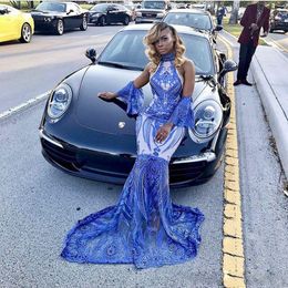 Royal Blue Prom Dresses Lace Appliques With White Lining Halter See Through Mermaid Evening Gowns Trumpet Sleeve African Party Dress