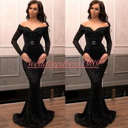Fashion Sequined Mermaid Evening Dresses Long Sleeve 2019 Arabic Black Party Prom Vestidos De Festa Pageant Mother Of the Bride Formal Gowns