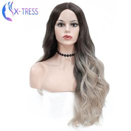 grey wig cosplay UK - Synthetic Wigs X-TRESS Fashion Long Grey Wavy With No Bangs Hairstyle High Temperature Fiber Hair For Women Daily Party Cosplay