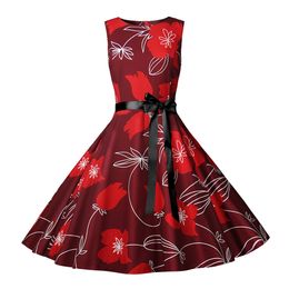 Christmas dress skirt lady Santa Claus red waist big swing skirt Christmas Hepburn style vest dress print sleeveless dress elegant waist lar