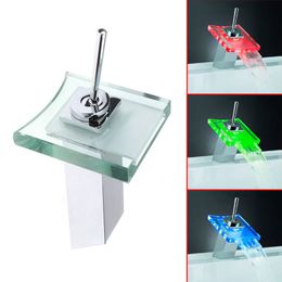 1pcs RGB LED LIGHT GLASS WATERFALL FAUCET KITCHEN BASIN BATHROOM Deck Mounted basin SINK MIX TAP