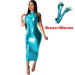 Plus Size Faux Leather Shiny Metallic Long Dress Sexy Women Sleeveless Pencil Dress With Gloves Novelty Nightclub Party Vestido