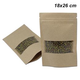 50 Pieces 18x26 cm Kraft Paper Zipper Stand Up Food Storage Clear Plastic Window Bag Craft Paper Reusable Doypack Coffee Bean Packing Pouch