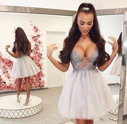 Sexy Deep V Neck Short Dresses Appliques Sequins Beads A Line Cheap Homecoming Dress See Through Prom Gowns Formal Wear
