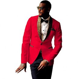 Custom Made Groomsmen Red Groom Tuxedos Shawl Pattern Lapel Men Suits Wedding Best Man Bridegroom Blazer (Jacket + Pants + Tie) L266