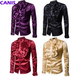 Men's Dress Shirts Arrival 2022 Mens Work Brand Soft Long Sleeve Square Collar Regular Ruffles Satin Men Black Male Tops