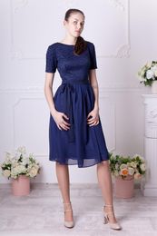 Navy Blue Lace Chiffon A-line Short Modest Bridesmaid Dresses With Short Sleeves Knee Length Rustic Informal Bridesmaid Gowns Custom Made