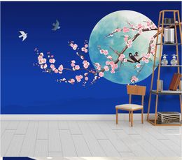 New Chinese style blue moonlight wallpapers flower bird plum hand painted background wall decoration painting