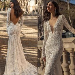 Mermaid Julie Vino Lace Wedding Dresses Deep V Neck Long Sleeve Bridal Gowns Backless Sexy Vintage Vestido De Novia intage estido