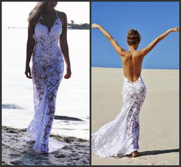 Sexy 2023 New Sea Beach Full Lace Sheath Wedding Dresses halter Wedding gowns white appliques open back Mermaid See Through Bridal Gowns 133