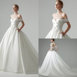 2020 Modest YL Elegant Ball Gown Off Shoulder Sleeveless Backless Wedding Dresses Satin Button Sash Wedding Gowns Sweep Train Bridal Gowns