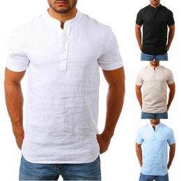 New Summer Men Shirt Baggy Cotton Linen Solid Short Sleeve V-Neck Retro Top Blouse streetwear camisas hombre245f