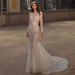 Julie Vino Illusion Beach Wedding Dresses 2019 Long Sleeve Lace Sequined Boho Bridal Gowns Backless Sweep Train Sexy robes de mariée