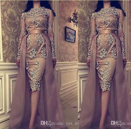 Evening Dresses Wear 2020 Arabic Lace Appliques Crystal Beaded Satin Tulle Overskirts Middle East Plus Size Formal Party Cocktail Prom Gowns