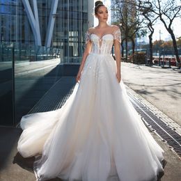 Sparkly Sequined Lace Wedding Dresses Off The Shoulder Plunging Neck Beaded Bridal Gowns Sweep Train Tulle robe de mariée