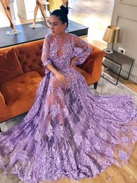 Sexy Light Purple Evening Dresses Full Lace Long Sleeves Appliques Tulle Floor Length Illusion Prom Dresses robes de soirée