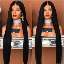 Synthetic Wigs 30inch Long Deep Part Brazilian Straight Lace Wigs with Baby Hair Middle Part Synthetic Lace Front Wigs for Africa American Women