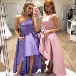 One Shoulder Hi-Lo Prom Dresses Pockets Crystal Beads Bow Short Cocktail Party Gowns Homecoming Dress Wear Bridesmaid Dress 84