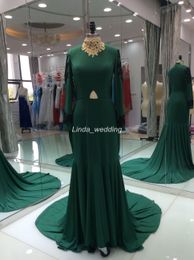 2019 Real Photos Dark Green Mermaid Prom Dress New Arrival With Long Sleeves High Neck Applique Party Gown Custom Made Plus Size