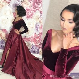 Sexy Plus Size Burgundy Prom Dresses Velvet Deep V Neck High Side Split Floor Length Evening Gowns Formal dress Vestidos De Novia