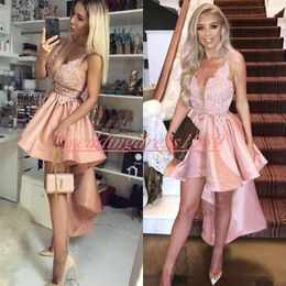 Sexy Straps Spaghetti Prom Dresses Homecoming High Low Lace Pink Cocktail Gowns Juniors Party Robe de soirée Short Club Wear