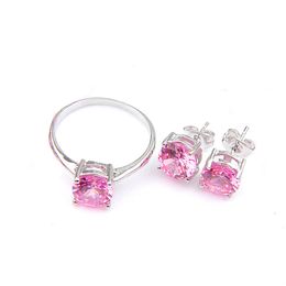 Luckyshien 2 Pcs Lot Round Pink kunzite Gemstone 925 Sterling Silver For Women girl gift Jewellery Rings Stud Earrings fee shipping