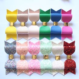 24 pcs Double Bow Prince Cute Kids Girls Hair Barrettes Faux Glitter Felt Litchi Stria Baby PU Leather Hair Grip Stripe Gold Clip Hairpins