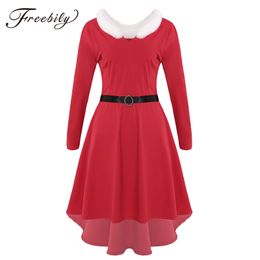 Women Christmas White Faux Fur Trimmings Long Sleeves High-low Hem Red Midi Dress with Belt Mrs Santa Claus Xmas Party Costume