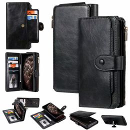 Detachable Folio Vegan Leather Wallet Chain Protective Shell 11 Card Slots Car Mount 3 in 1 Bracket Holster Phone Cover for iPhone Samsung