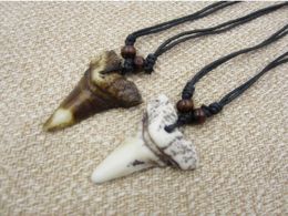 Imitation Yak Bone Carving Shark Tooth Charm Pendant Wood Beads Retro Necklace Amulet Gift Travel Souvenir