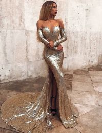 Sparkly Sequined Mermaid Long Sleeves Evening Dresses Sweetheart Neck Side Split Prom Gown Sweep Train Formal Dress