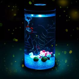 DIY Moss Micro Landscape Cylinder Glass Bottle with Colorful LED Light Succulent Plants Vase
