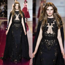Zuhair Murad Black Evening Dresses With Cape Sheer Plunging Neck Beading Mermaid Prom Gowns Lace Appliqued Sexy robes de soirée 4031