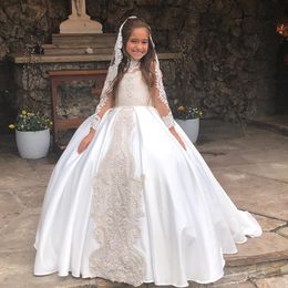 Chic Beaded Lace Ball Gown Flower Girl Dresses For Wedding High Neck Pageant Gowns Long Sleeves Appliqued Satin First Communion Dress