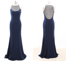 2020 Navy Blue Rhinestones Sheath Evening Dresses Jewel See Though Back Designer Prom Dress Special Occasion Vestidos De Festia Party Gowns