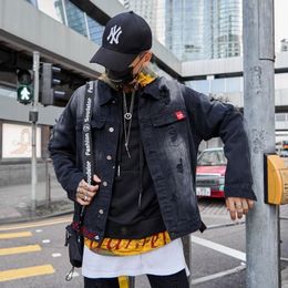 Fashion-Jackets Men High Street Wolf Print Jeans Jacket Coat Mens Hip Hop Hole Destroyed Jeans Jackets Streetwear Black Size S-2XL